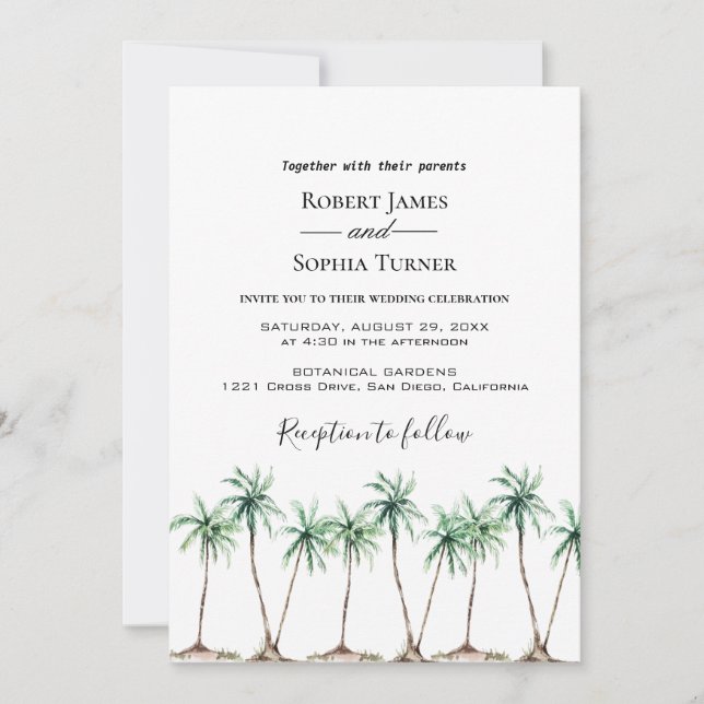 Invitación de boda con palma de acuarela moderna (Anverso)