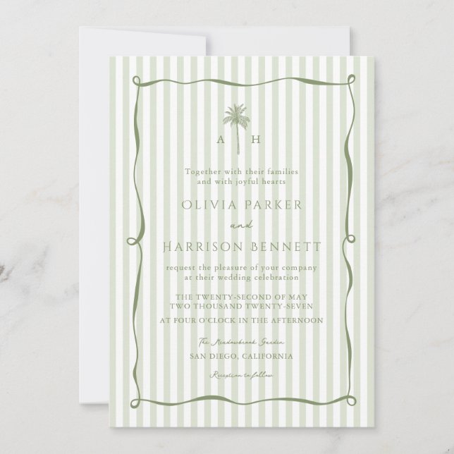 Invitación de boda con palma de franja verde salvi (Anverso)