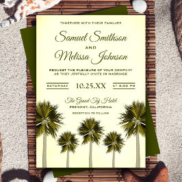 Invitación de boda con palmeras tropicales vintage