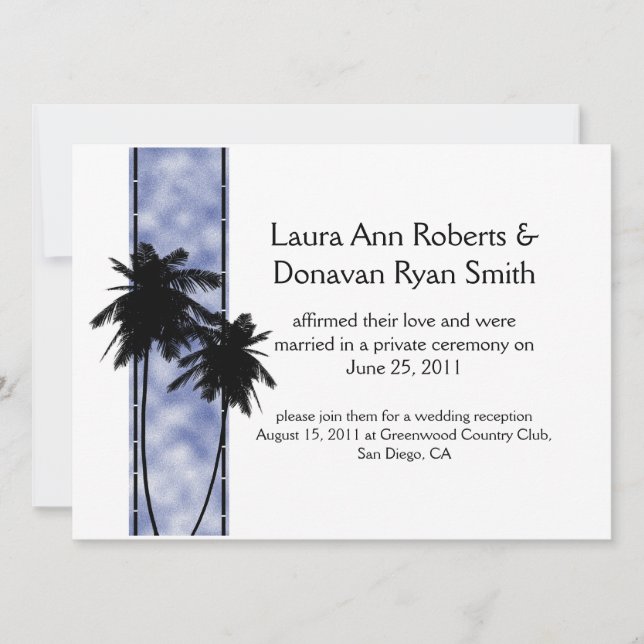 Invitación de boda con palmeras y azul (Anverso)