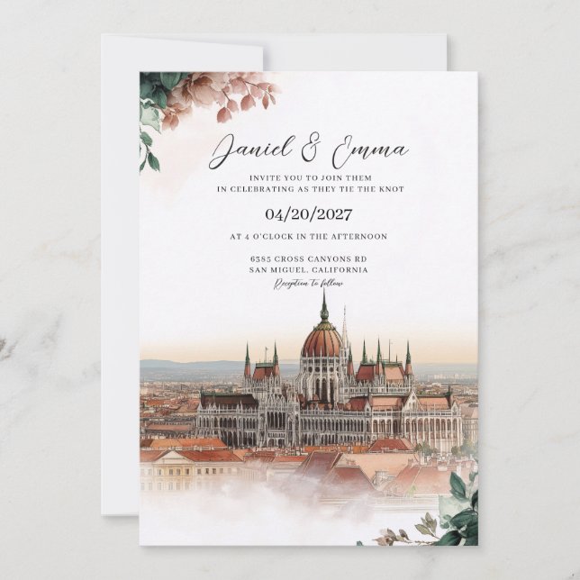 Invitación de boda con panorama de Budapest Hungrí (Anverso)