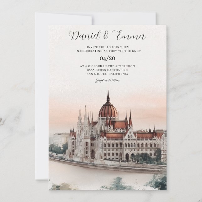 Invitación de boda con panorama de Budapest Hungrí (Anverso)