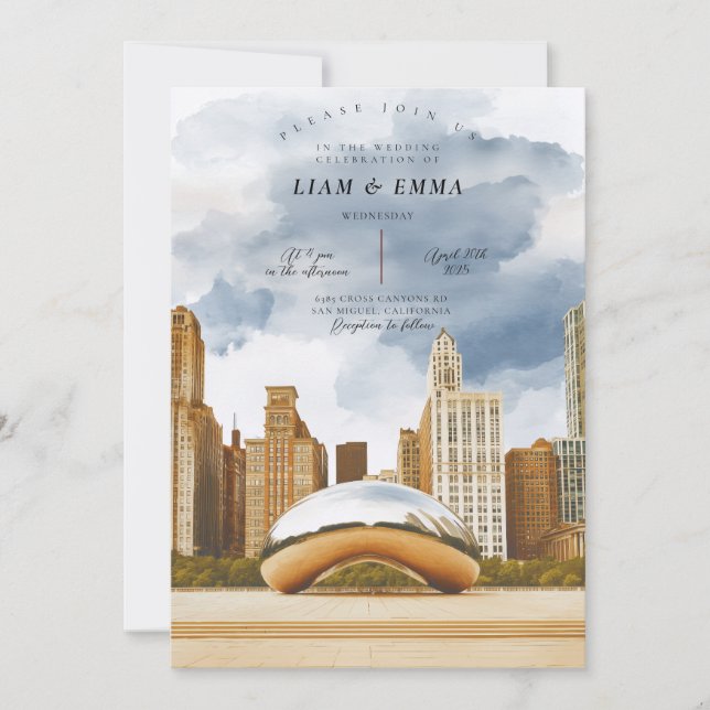 Invitación de boda con panorama de Chicago Illinoi (Anverso)