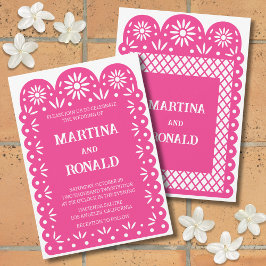 Invitación de boda con papel picado mexicano rosa