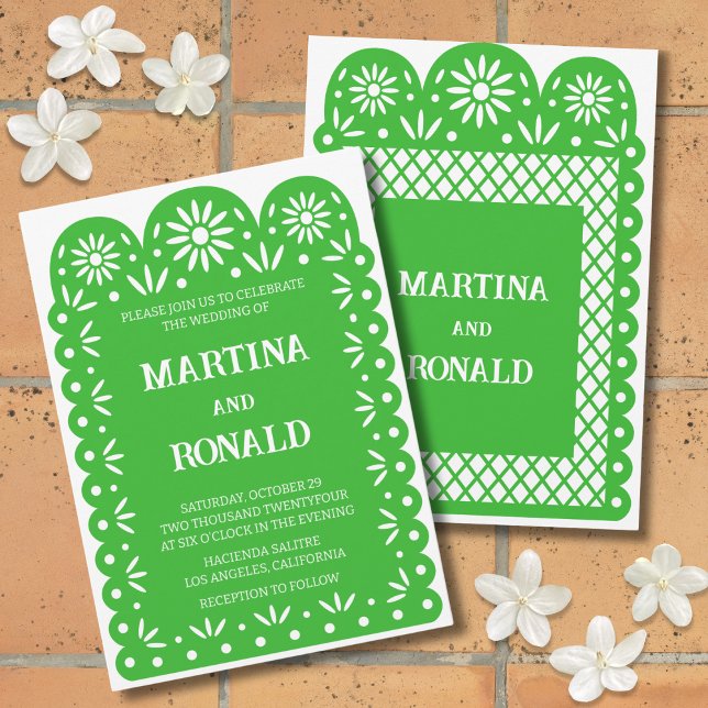 invitación de boda con papel picado mexicano verde (Subido por el creador)