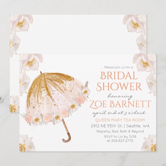 Invitación de boda con paraguas floral con brillo (Anverso / Reverso)