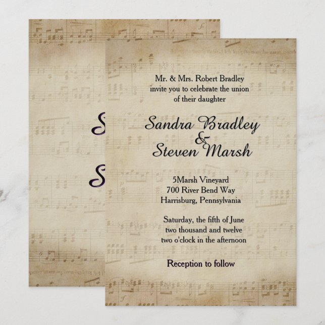 Invitación de boda con partitura antigua (Anverso / Reverso)