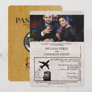 Invitación de boda con pasaporte de Reno dorado