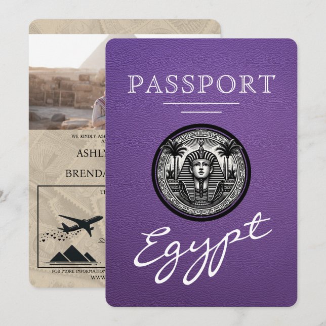 Invitación de boda con pasaporte egipcio púrpura (Anverso / Reverso)
