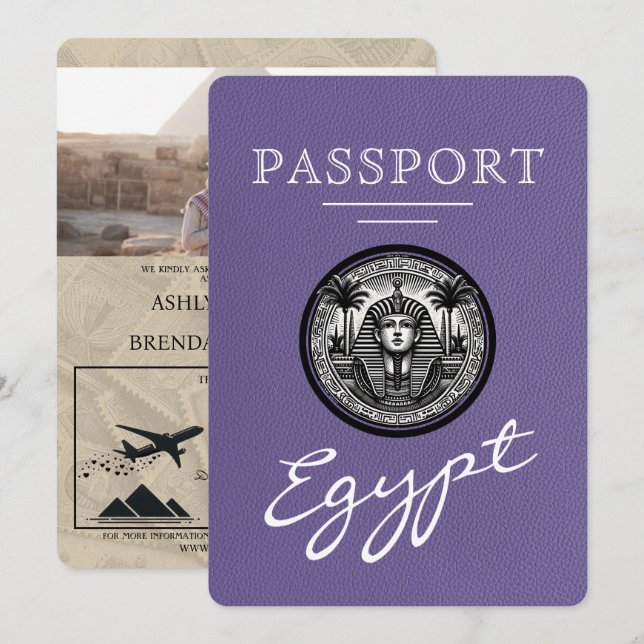 Invitación de boda con pasaporte egipcio púrpura l (Anverso / Reverso)