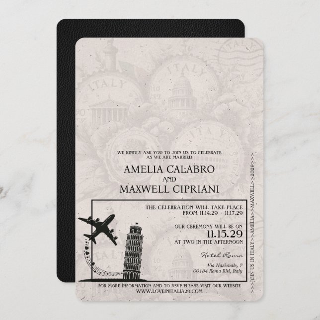 Invitación de boda con pasaporte italiano negro (Anverso / Reverso)
