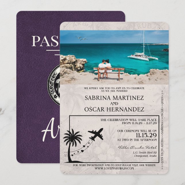 Invitación de boda con pasaporte morado violeta de (Anverso / Reverso)