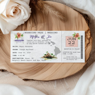 Invitación de boda con pase de abordar de Hawái