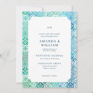 Invitación de boda con patrón de azulejos mediterr