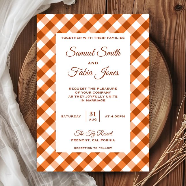 Invitación de boda con patrón de gingham naranja e (Subido por el creador)
