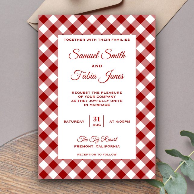 Invitación de boda con patrón de gingham rojo eleg (Subido por el creador)