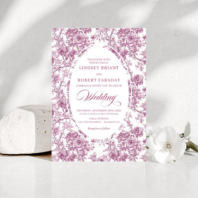 Invitación de boda con patrón de toile rosa francé (Elegant French Toile Rose Pattern Wedding Invitation)
