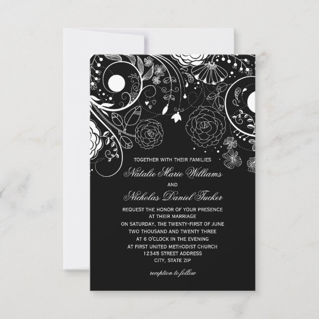Invitación de boda con patrón floral negro/blanco  (Anverso)