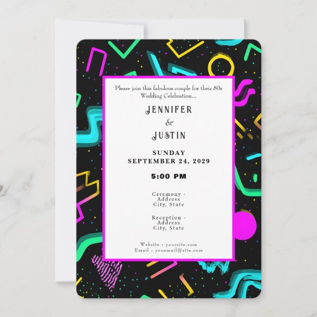 Invitación de boda con patrón retro neón de los 80 (Anverso)