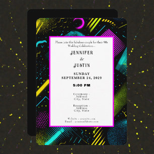 Invitación de boda con patrón retro neón de los 80