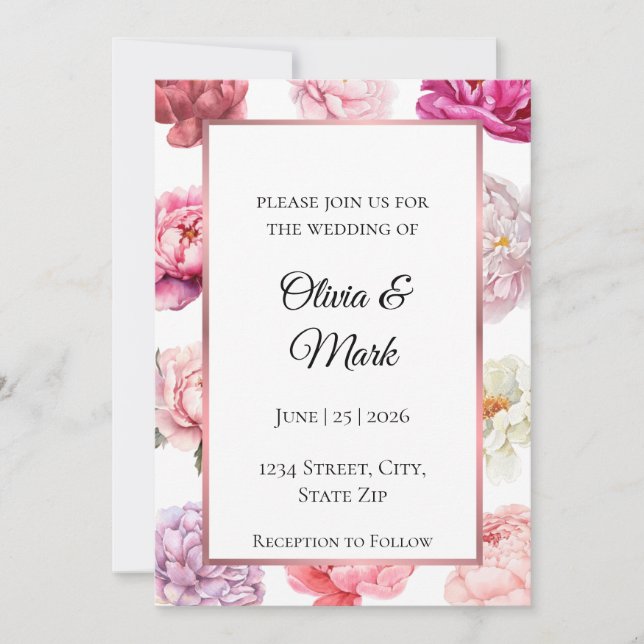 Invitación de boda con peonía acuarela | Oro Rosa (Anverso)
