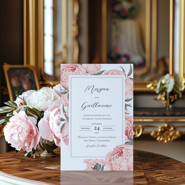 Invitación de boda con peonía de acuarela rosa rub (Subido por el creador)