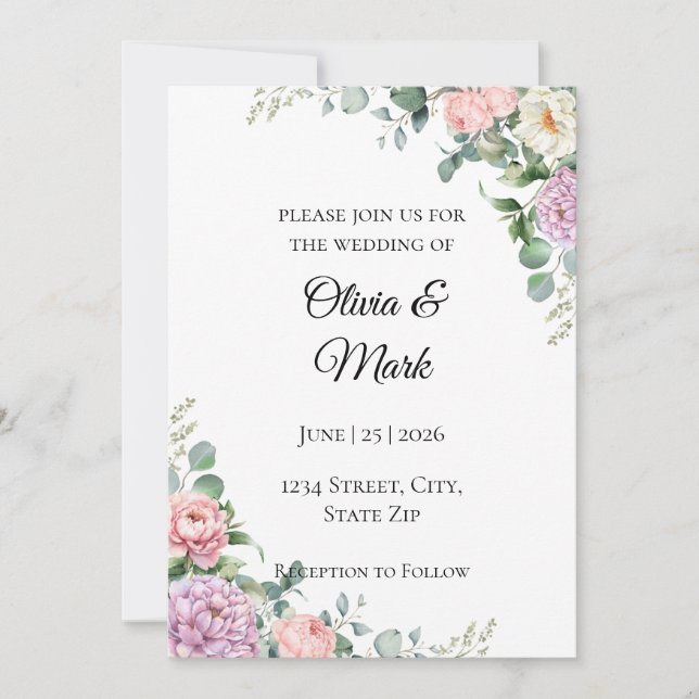 Invitación de boda con peonía y eucalipto en acuar (Anverso)