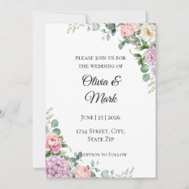 Invitación de boda con peonía y eucalipto en acuar