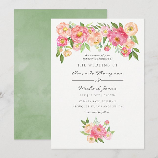 Invitación de boda con peonías acuarela de primave (Anverso / Reverso)
