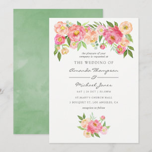 Invitación de boda con peonías acuarela de primave