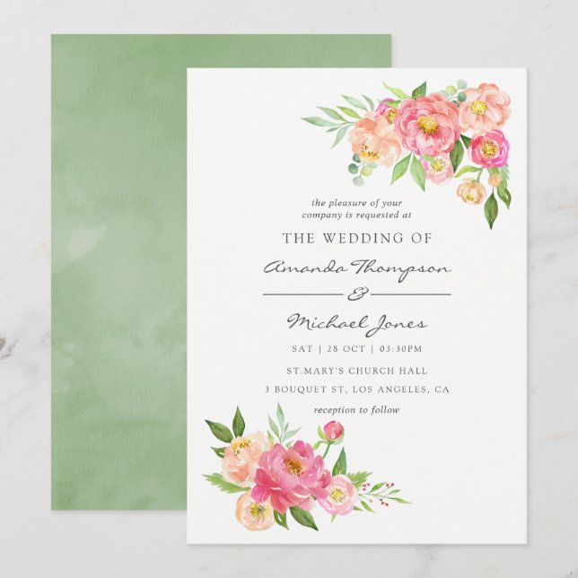 Invitación de boda con peonías acuarela de primave (Anverso / Reverso)