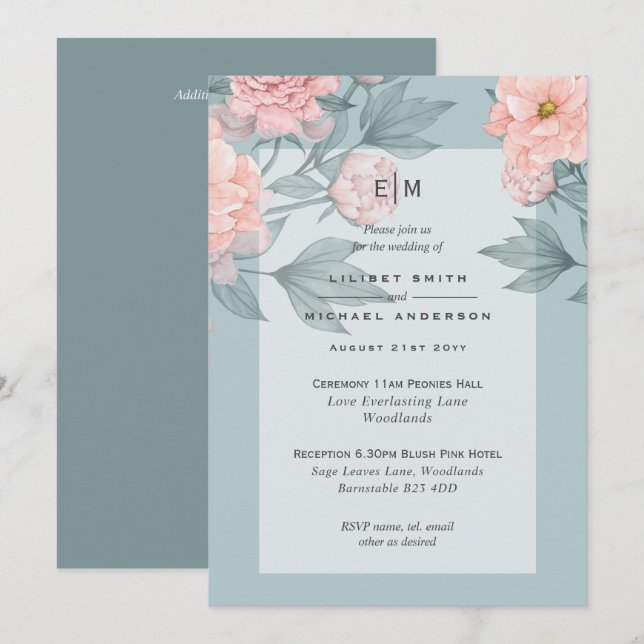 Invitación de Boda con Peonías Rosa Melocotón y Sa (Anverso / Reverso)