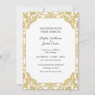 Invitación de boda con pergamino de damasco en oro