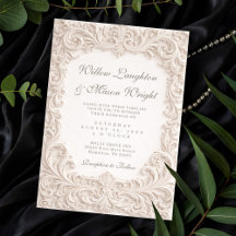 Invitación de boda con pergamino rococó de marfil 
