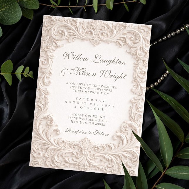 Invitación de boda con pergamino rococó de marfil  (Elegant Ivory Rococo Scroll Wedding Invitation)