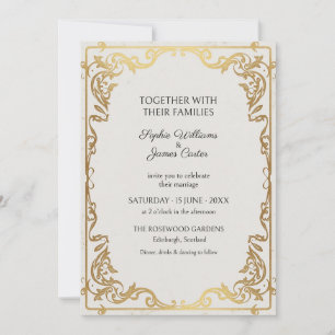 Invitación de boda con pergamino rococó de oro bla
