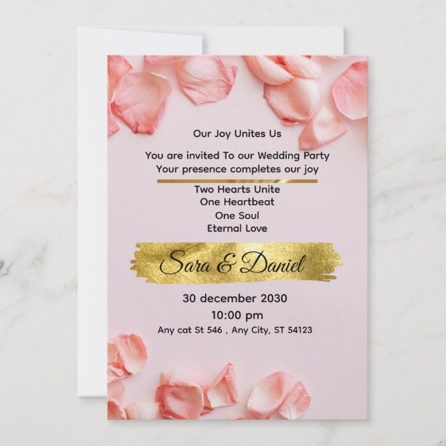 Invitación de boda con pétalos de rosa rosada romá (Anverso)