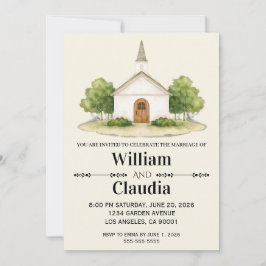 Invitación de boda con pintura del lugar en acuare