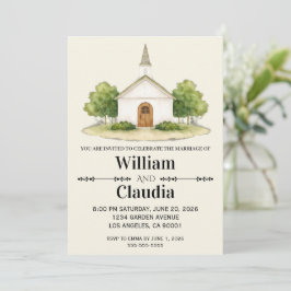 Invitación de boda con pintura del lugar en acuare