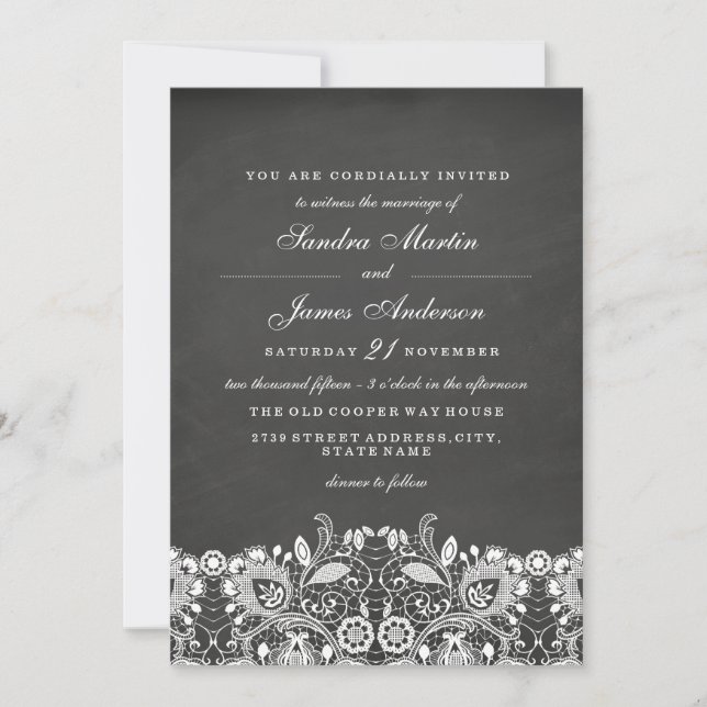 Invitación de boda con pizarra y encaje blanco (Anverso)