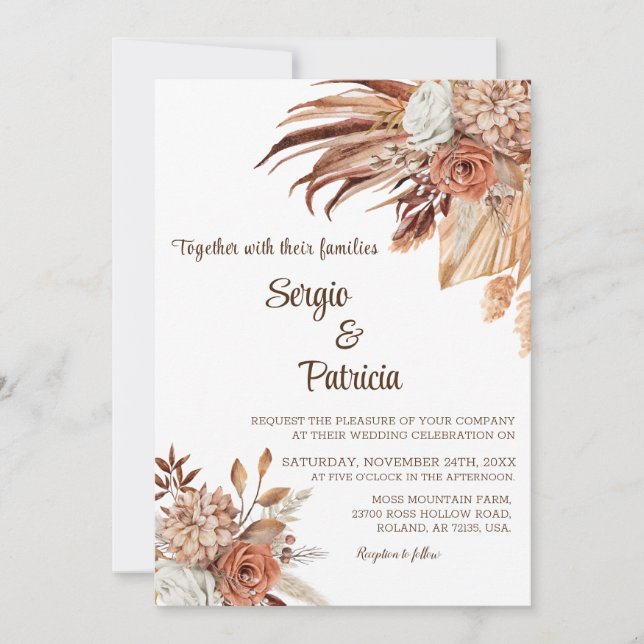 Invitación De Boda Con Plantilla De Flores De Boho (Anverso)