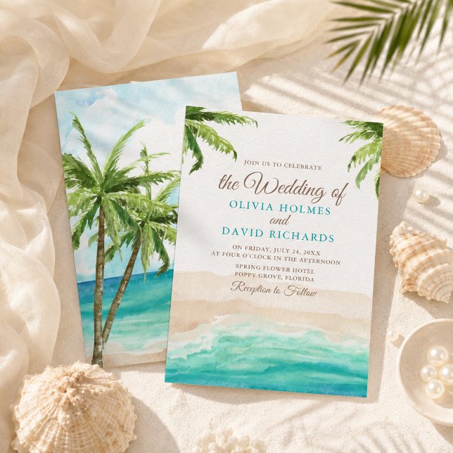 Invitación de boda con playa tropical y palmeras e (Watercolor Tropical Beach & Palm Trees Wedding Invitation)