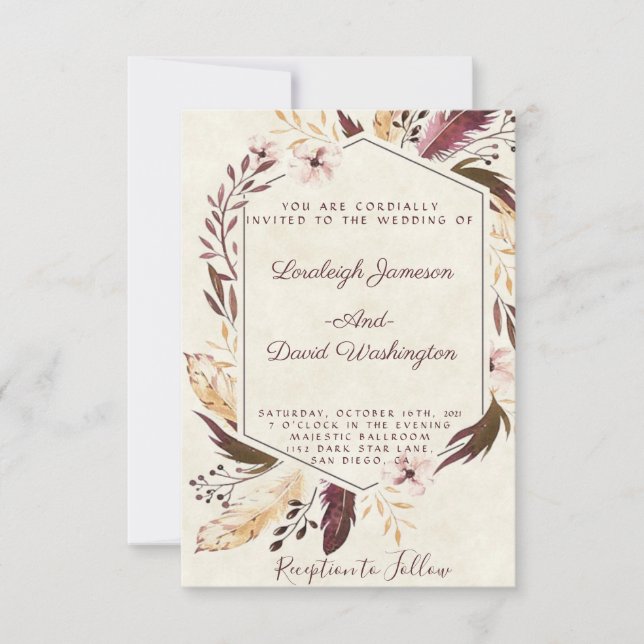 Invitación de boda con plumas boho (Anverso)