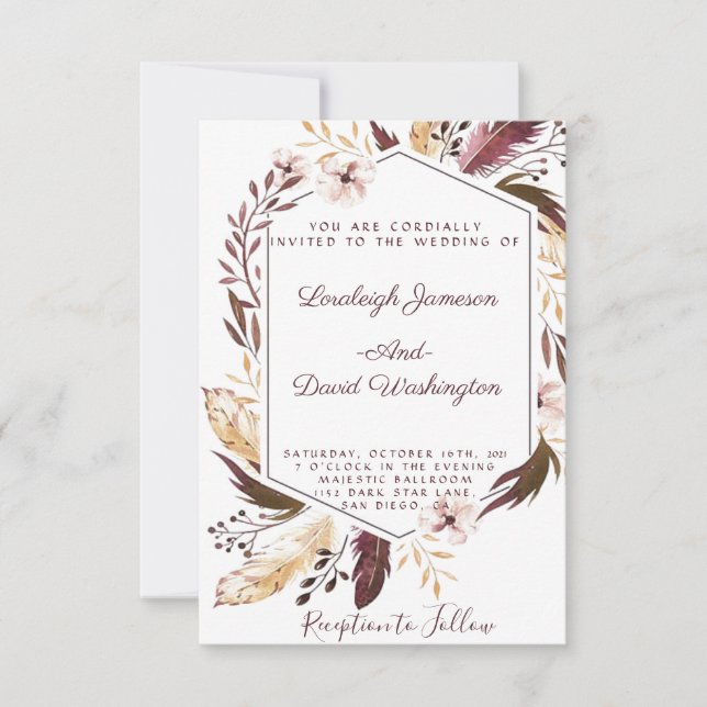 Invitación de boda con plumas boho (Anverso)