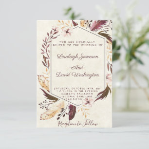 Invitación de boda con plumas boho económicas