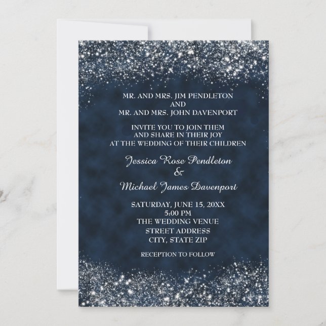Invitación de boda con polvo de estrellas azul mar (Anverso)