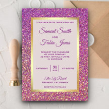Invitación de boda con purpurina morada y lámina d