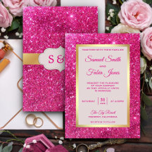 Invitación de boda con purpurina rosa caliente y l
