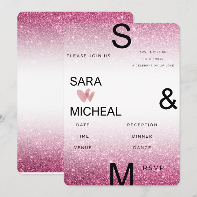 Invitación de boda con purpurina rosa – Minimalist (Anverso / Reverso)