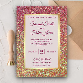 Invitación de boda con purpurina rosa y lámina de